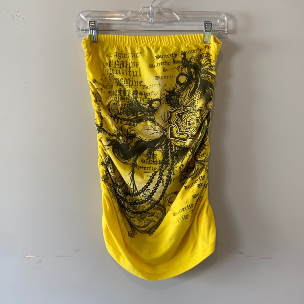 y2k black and yellow print ruched tube top
